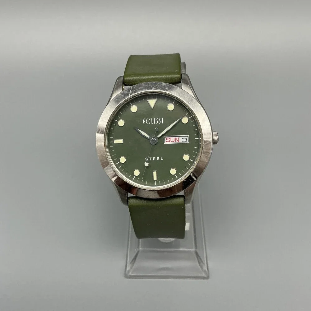Ecclissi Women Watch 35mm Green Dial Silicone Day Date Stainless New Battery